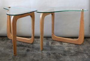 mid century sculptural oak and glass end tables in the style of isamu noguchi