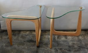 mid century sculptural oak and glass end tables in the style of isamu noguchi