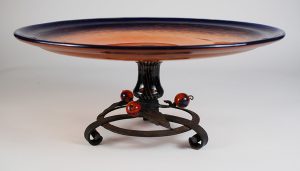 Charles Schneider glass and wrought iron compote side view.