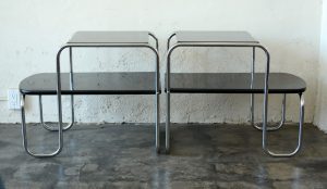 Machine age streamline chrome and lacquer end tables