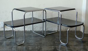 Machine age streamline chrome and lacquer end tables